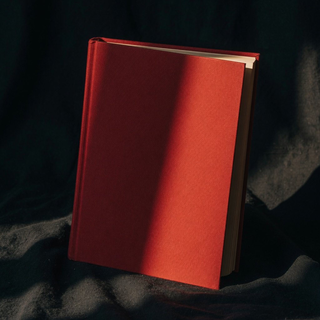 A blank red hardcover in dramatic light