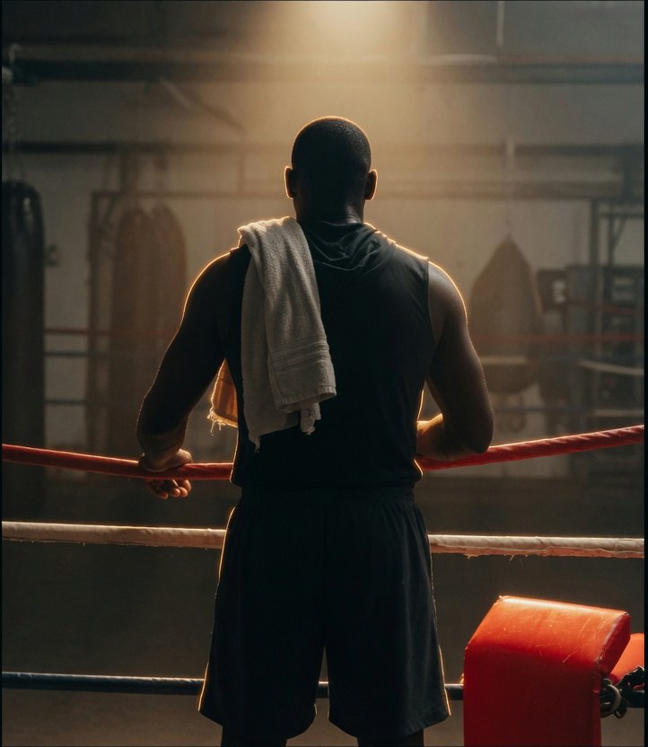 Boxer at the ropes under the gym lights, towel over one shoulder