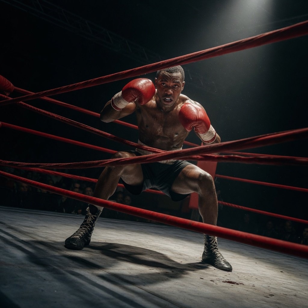 Fighter low in his stance between the ropes