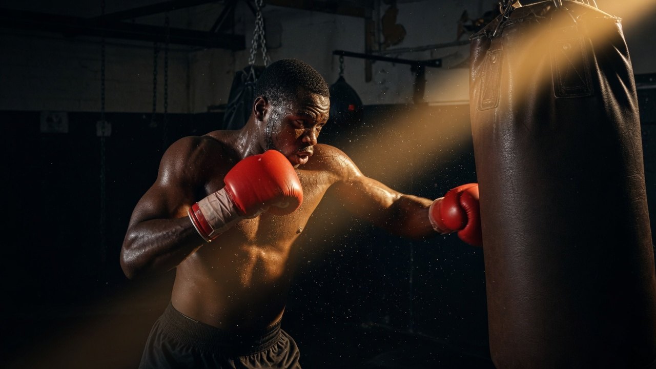 Boxer driving a punch into the heavy bag in a shaft of warm light