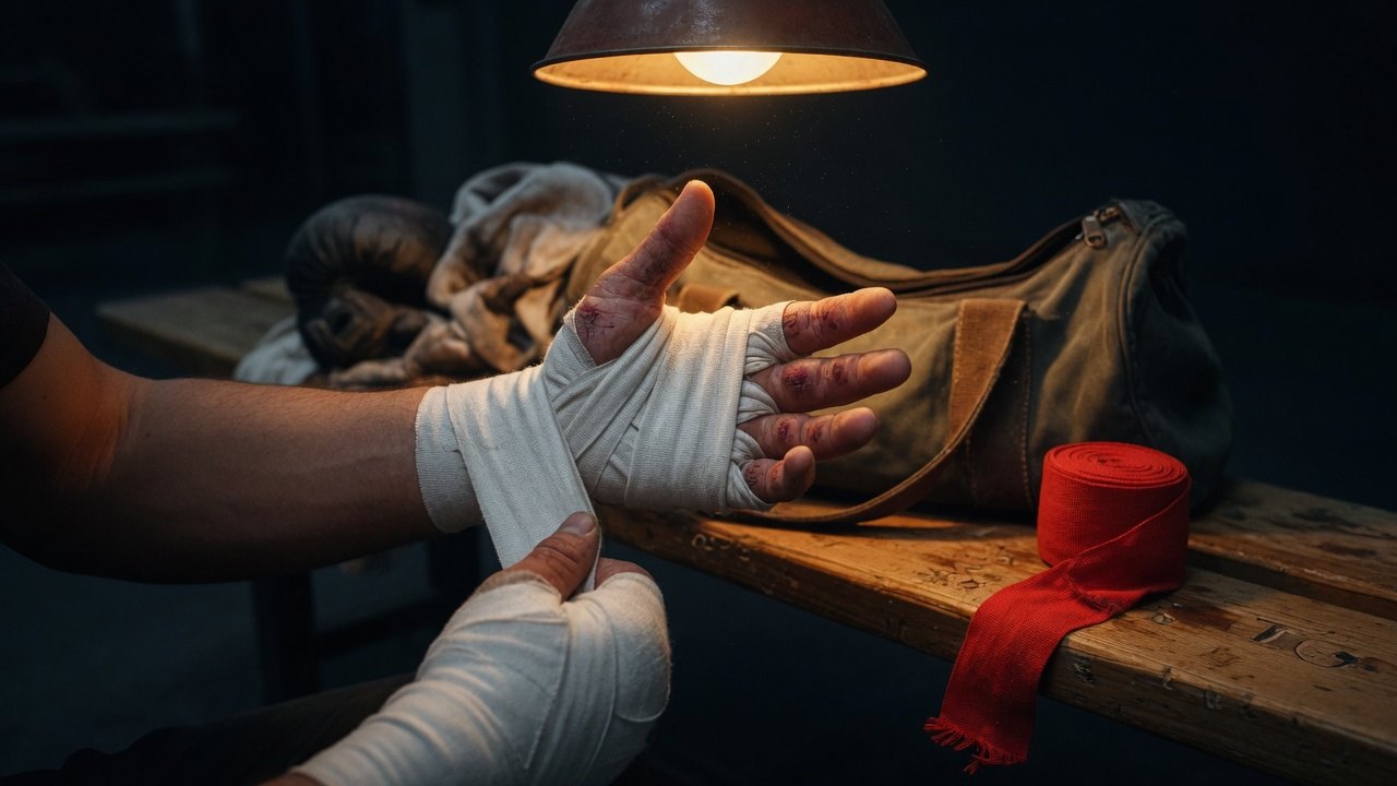 Hands being wrapped at the bench, gear in warm light